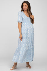 Blue Paisley Print Smocked Tiered Maternity Maxi Dress