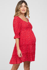 Red Floral Sweetheart Neck Ruffle Tiered Maternity Dress