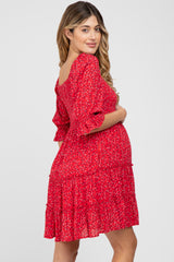 Red Floral Sweetheart Neck Ruffle Tiered Maternity Dress