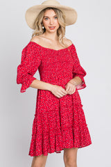 Red Floral Sweetheart Neck Ruffle Tiered Dress