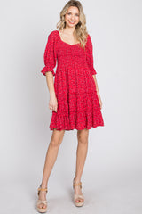 Red Floral Sweetheart Neck Ruffle Tiered Dress