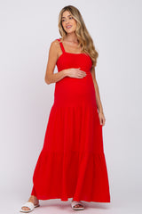 Red Sleeveless Ruffle Tiered Maternity Maxi Dress