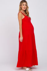 Red Sleeveless Ruffle Tiered Maternity Maxi Dress