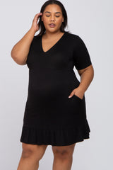 Black V-Neck Ruffle Hem Maternity Dress