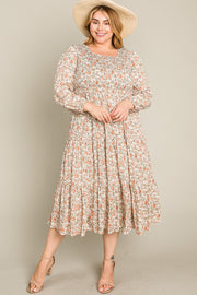 Cream Floral Smocked 3/4 Sleeve Plus Midi Dress