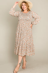 Cream Floral Smocked 3/4 Sleeve Plus Midi Dress