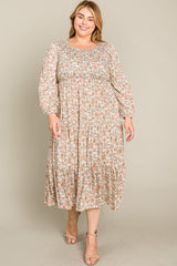 Cream Floral Smocked 3/4 Sleeve Plus Midi Dress