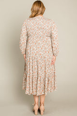 Cream Floral Smocked 3/4 Sleeve Plus Midi Dress