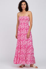 Magenta Floral Strapless Smocked Maternity Maxi Dress