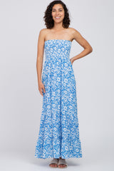 Blue Floral Strapless Smocked Maternity Maxi Dress