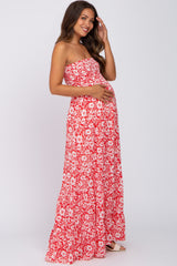 Red Floral Strapless Smocked Maternity Maxi Dress