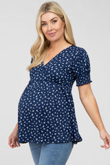 Navy Ditsy Floral Smocked Sleeve Maternity Wrap Top