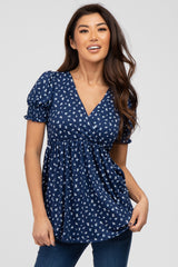 Navy Ditsy Floral Smocked Sleeve Maternity Wrap Top