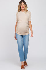 Beige Ribbed Puff Sleeve Ruched Maternity Top