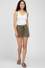 Olive Pinstriped Belted Shorts