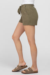 Olive Pinstriped Belted Shorts