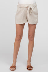 Beige Pinstriped Belted Maternity Shorts