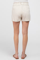 Beige Pinstriped Belted Maternity Shorts