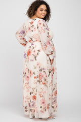 Cream Floral Chiffon Long Sleeve Pleated Maternity Maxi Dress