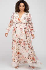 Cream Floral Chiffon Long Sleeve Pleated Maternity Maxi Dress