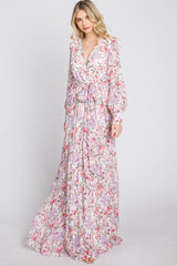 White Floral Chiffon Long Sleeve Pleated Maxi Dress