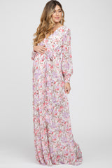 White Floral Chiffon Long Sleeve Pleated Maternity Maxi Dress