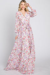 White Floral Chiffon Long Sleeve Pleated Maternity Maxi Dress