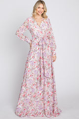 White Floral Chiffon Long Sleeve Pleated Maxi Dress