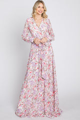 White Floral Chiffon Long Sleeve Pleated Maxi Dress