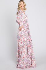 White Floral Chiffon Long Sleeve Pleated Maxi Dress