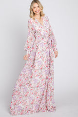 White Floral Chiffon Long Sleeve Pleated Maxi Dress