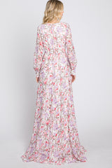 White Floral Chiffon Long Sleeve Pleated Maxi Dress