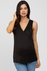 Black Crossover Ruched Maternity Nursing Tank