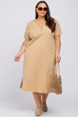 Camel Button Neck Round Hem Maternity Plus Dress