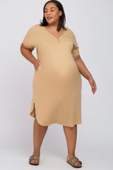 Camel Button Neck Round Hem Maternity Plus Dress