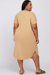 Camel Button Neck Round Hem Maternity Plus Dress