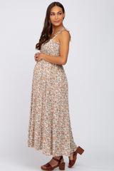 Beige Floral Sleeveless Tiered Maternity Maxi Dress