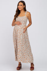 Beige Floral Sleeveless Tiered Maternity Maxi Dress