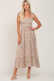 Beige Floral Sleeveless Tiered Maxi Dress