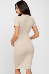 Beige Ribbed Fitted Maternity Dress