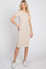 Beige Ribbed Fitted Maternity Dress