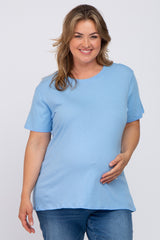 Light Blue Solid Short Sleeve Plus Maternity Top