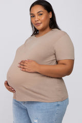 Mocha Solid Short Sleeve Plus Maternity Top