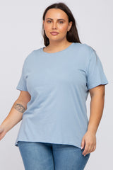 Blue Solid Short Sleeve Plus Maternity Top