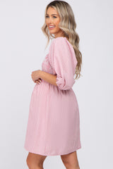 Mauve Striped Smocked Puff Sleeve Maternity Dress