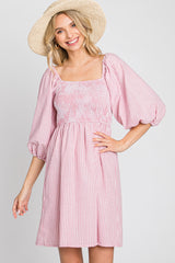 Mauve Striped Smocked Puff Sleeve Maternity Dress