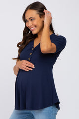 PinkBlush Navy Ribbed Button Accent Maternity Blouse