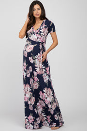 Navy Blue Floral Wrap Maternity/Nursing Maxi Dress