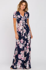 Navy Blue Floral Wrap Nursing Maxi Dress