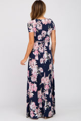 Navy Blue Floral Wrap Nursing Maxi Dress